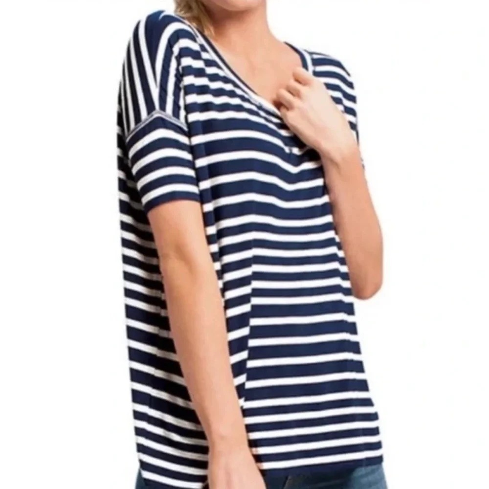 Cabi 769 Sailing Stripes Womens XS Navy White Oversized Dolman Tee
